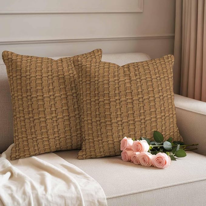 Outdoor Waterproof Throw Pillow Covers Set of 2 Brown Rattan Pillowcases 20x20 Inches Vintage Striped Lines Decorative Pillows Cushion Case Patio Pillows for Couch Bed Chair Garden