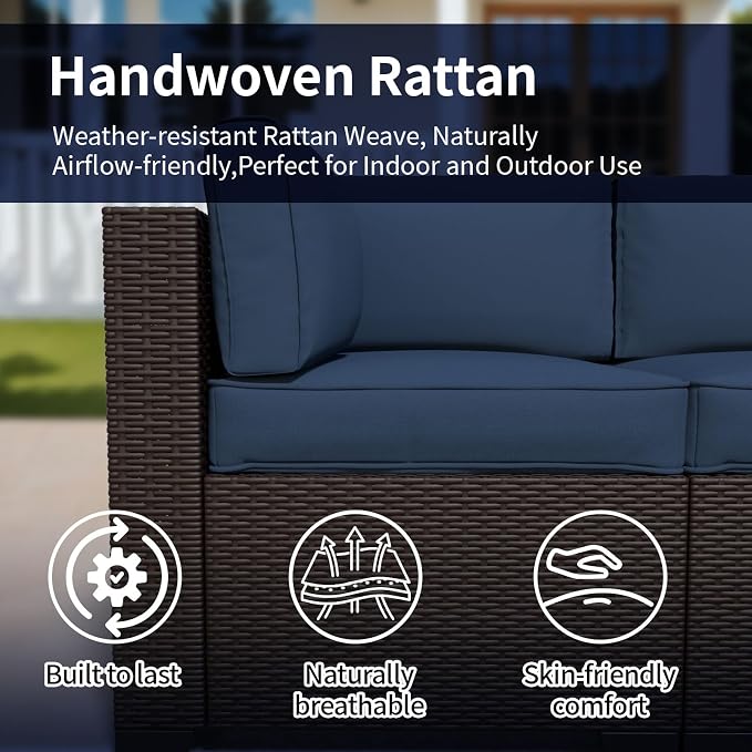 7 Piece Patio Furniture Set, Wicker Patio Conversation Sets, Outdoor Sectional Furniture with Tempered Glass Table, for Backyard, Deck, Garden, Dark Brown Rattan & Navy Blue Cushions