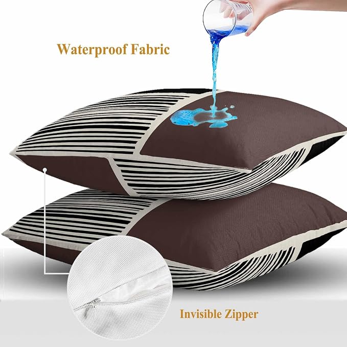 Throw Pillow Covers 18x18 Inch Set of 2, Brown Black Waterproof Outdoor Pillow Covers, Modern Abstract Art Farmhouse Striped Decorative Cushion Pillowcases for Couch, Sofa, Bed, Garden, Patio
