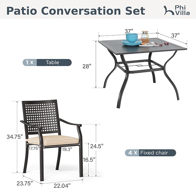 PHI VILLA Patio Dining Set for 4, 37" Metal Table & Chairs w/Cushions | 5 pcs black wrought iron square furniture set w/ umbrella hole. All weather for outdoor deck, yard, porch