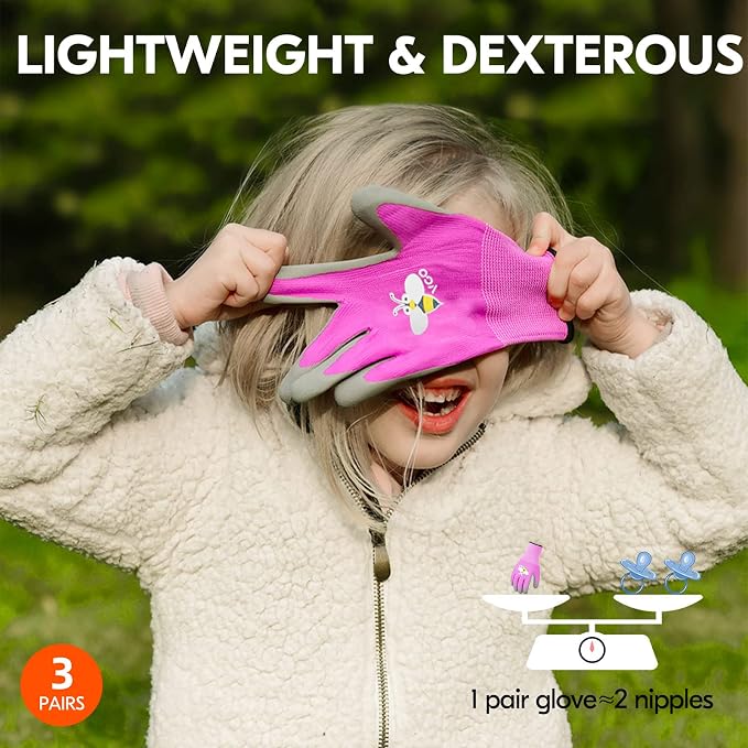 Vgo... 3-Pairs Age 5-7Kids Gardening Gloves, Toddler Yard Safety Work Gloves, Rubber (XXS, KID-RB6013)