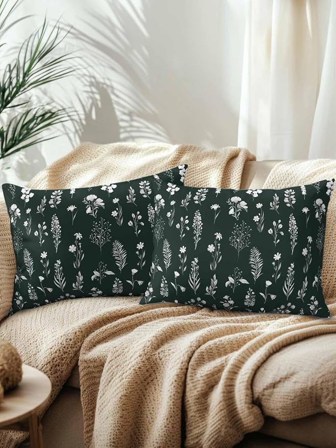 Outdoor Pillows with Inserts Set of 2 12x20, Dark Green Wildflowers Waterproof Outdoor/Indoor Throw Pillows, Farmhouse Botanical Garden Floral Decorative Pillow for Bed Couch Sofa Patio Furniture
