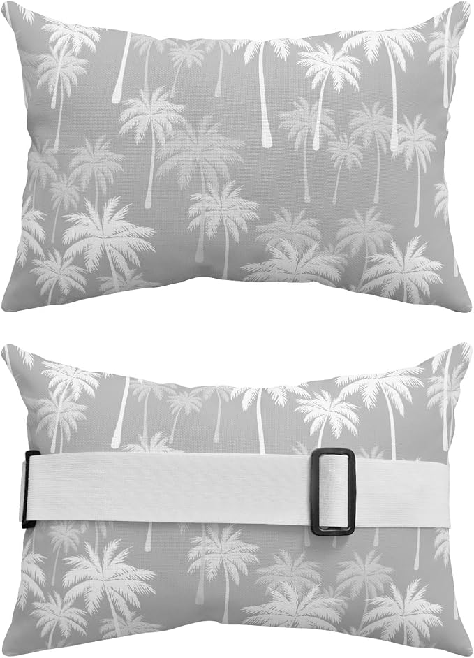 Tropical Palm Tree Outdoor Pillows for Chaise Lounge Chair Waterproof Lumbar Pillows with Insert&Adjustable Elastic Strap Beach Headrest Pillow Gray White Plants Coastal Leaf Beach Pool Pillow 12"x20"