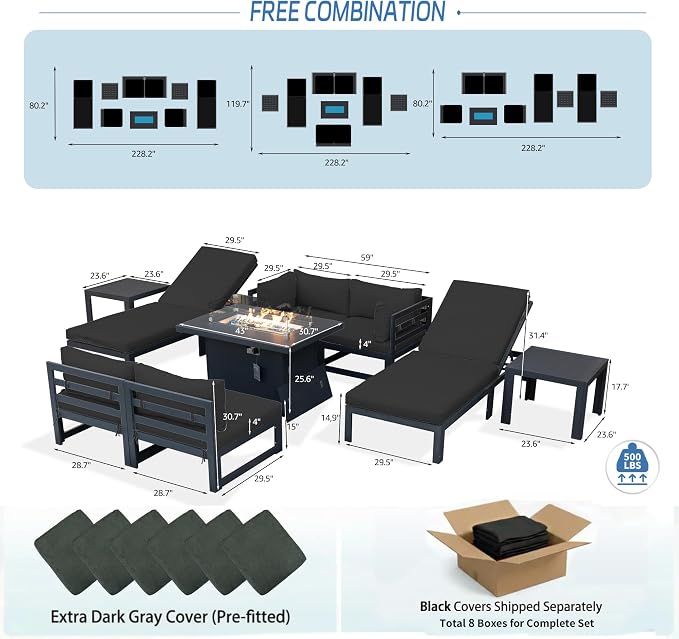 NICESOUL 9 Piece Extra Large Modern Aluminum Patio Furniture Set, Weather Resistant Modular Outdoor Conversation Set with Chaise, 500 lbs Heavy Duty Comfortable Sectional Sofa for Poolside Deck, Black