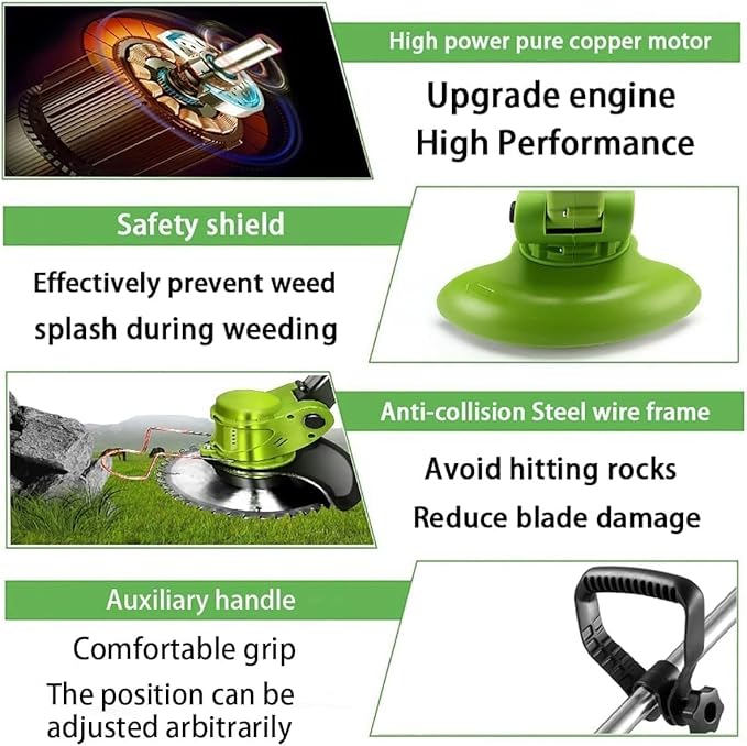 Electric Weed Wacker 21V Electric Weed Cordless Eater with 2pcs Batteries and 3 Types Blades&Auxiliary Wheel Weed Trimmer Lightweight 3 in 1 Stringless Grass Trimmer Edger/Brush Cutter for Lawn