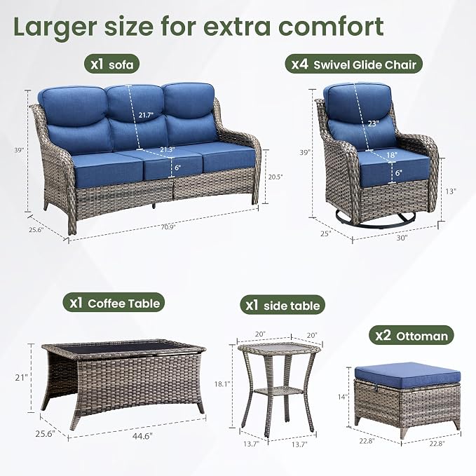 Swivel Patio Chairs sofa Set of 7 - 6" Thick Cushion - Wicker Outdoor Swivel Rocker Patio Chair ,Sofa/Glass coffee table, High Back Comfortable Outdoor Glider Chairs - Grey Wicker | Blue Cushions