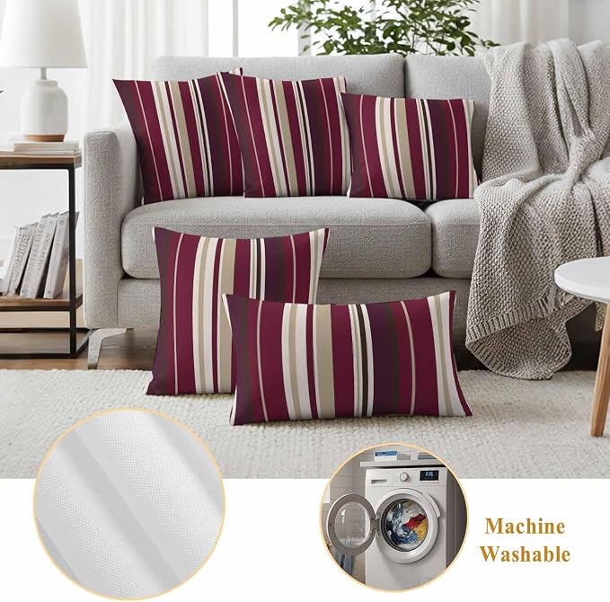 Outdoor Waterproof Throw Pillow Covers Set of 2 Red Striped Pillowcases 20x20 Inches Geometric Beige Stripes Decorative Pillows Cushion Case Patio Pillows for Couch Bed Chair Garden