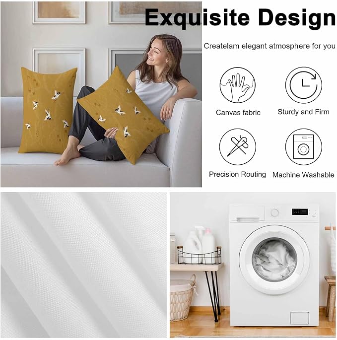 Japanese Style Outdoor Pillow Covers 20x12 Inch Lumbar Pillow Covers Set of 2 Waterproof Decorative Throw Pillow Cases Vintage Art Cranes Ocean Wave Yellow Cushion Covers for Patio Furniture Garden