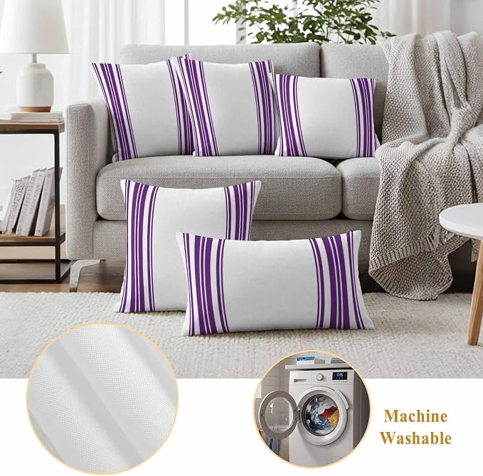Outdoor Waterproof Throw Pillow Covers Set of 2 Purple Stripes Pillowcases 20x20 Inches White Vertical Striped Decorative Pillows Cushion Case Patio Pillows for Couch Bed Chair Garden