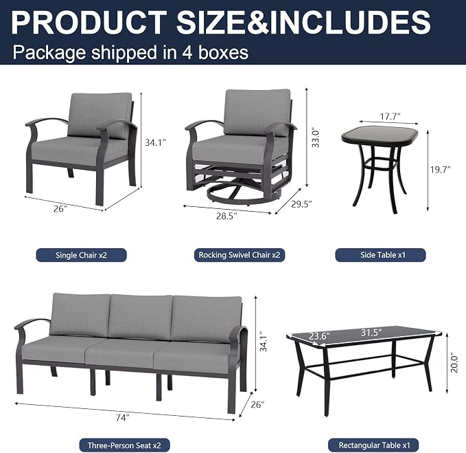Kurapika Aluminum Patio Furniture Set 10-Seat Modern Metal Outdoor Conversation Sets w/Swivel Rocking Chairs Patio Sectional Sofa w/5.1 Inch Cushion with Rectangular Coffee Table, Grey