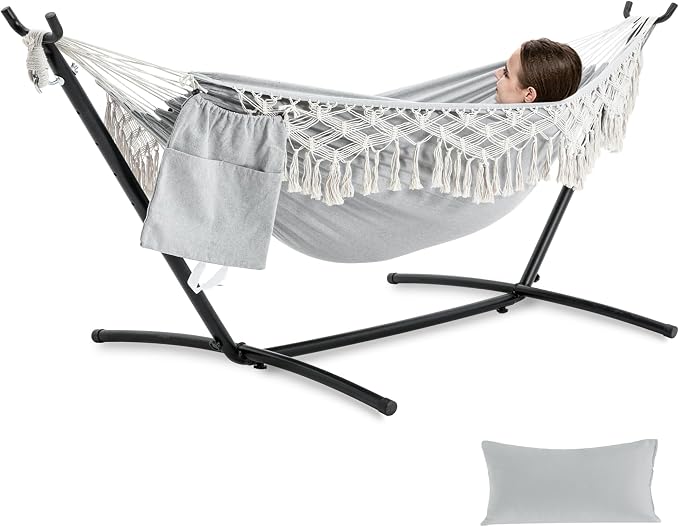 PNAEUT Handmade Tassel Hammocks, Double Hammock with Stand for Outside, Max 450 lbs Capacity, Pillow & Storage Bag Included (Grey)