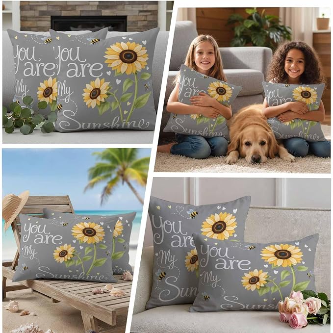 Outdoor Pillow Covers Letters You are My Sunshine Decorative Throw Pillow Covers, Pastoral Sunflowers on Gray Throw Cushion Case with Zipper for Patio,Couch,Sofa,Garden 20x12in Set of 2