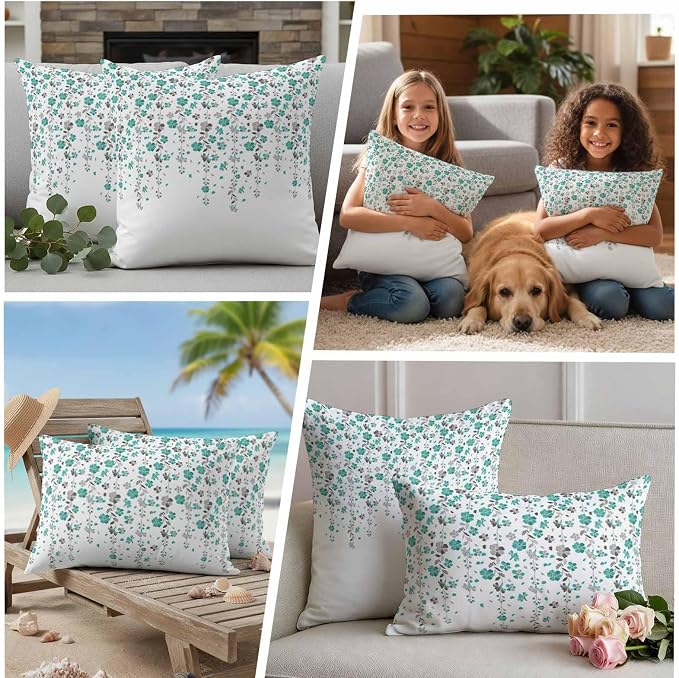 Flower Teal Outdoor Waterproof Throw Pillow Covers Set of 2, 18"x18", Grey Cherry Blossoms White Background Decorative Pillow Covers Outside Cushion Case for Patio Porch Garden