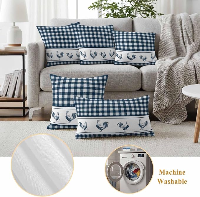 Outdoor Waterproof Throw Pillow Covers Set of 2 Chicken Cock Rooster Pillowcases 24x24 Inches Farmhouse Animal Blue Plaid Decorative Pillows Cushion Case Patio Pillows for Couch Bed Chair Garden