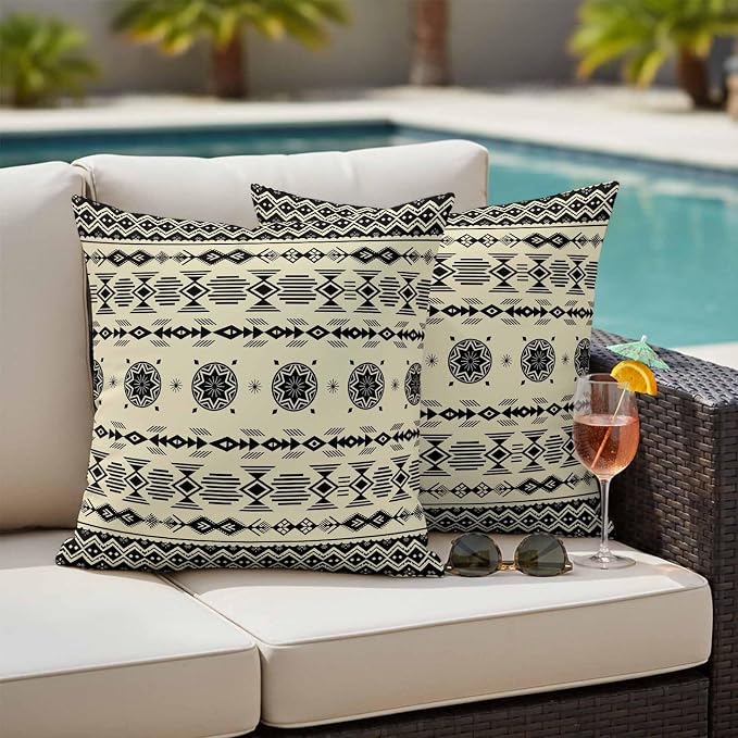 Black Khaki Boho Outdoor Pillow Covers 20x20 Inch Throw Pillow Covers Set of 2 Waterproof Decorative Pillow Cases Vintage Ethnic Tribe Abstract Art Retro Cushion Covers for Patio Furniture Garden