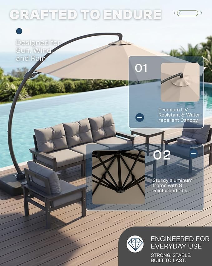 12 FT Cantilever Umbrella with Base Included, Large Round 360° Rotation Offset Umbrella Outdoor Patio, Heavy Duty Aluminum Frame, Sand-Weighted Stand, for Deck, Backyard, Pool, Garden (Beige)