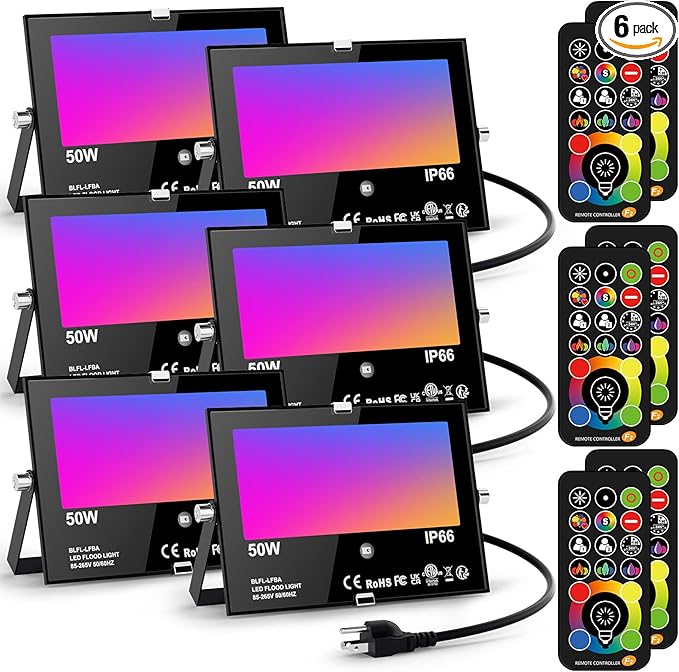 LED Flood Light Outdoor 500W Equivalent Color Changing Landscape Lighting, 24H Timing+120 Colors Strobe+2700K Warm White+DIY Flash, IP66 Waterproof Up Stage House RGB Led Light Indoor US 3-Plug 6Pack