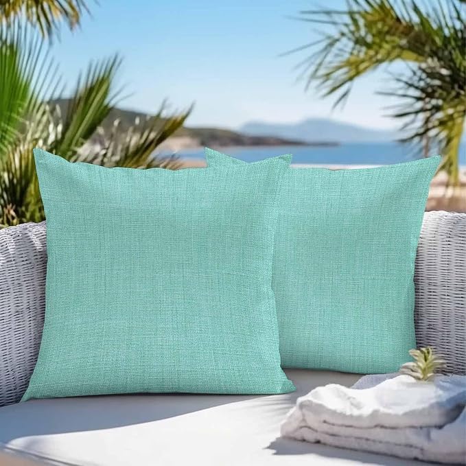 Pack of 2 Waterproof Outdoor Pillow Covers 24x24 Inch Decorative Pillow Covers Turquoise Burlap Texture Throw Pillowcases Farmhouse Vintage Aqua Outdoor Cushion Cover for Couch, Patio, Tent