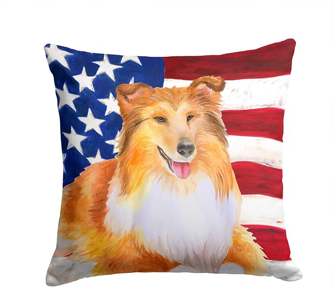 Caroline's Treasures BB9720PW1414 Sheltie Patriotic Fabric Decorative Pillow Machine Washable, Indoor Outdoor Decorative Pillow for Couch, Bed or Patio, 14Hx14W