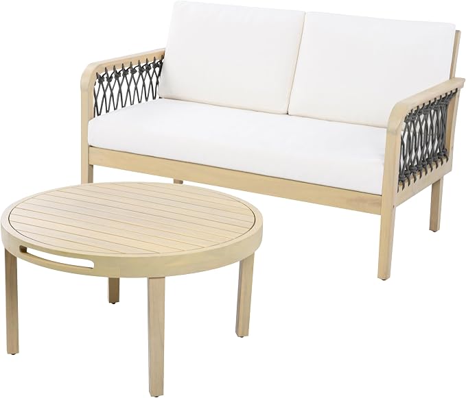 Merax 4-Piece Outdoor Acacia Wood Patio Conversation Set, 2 Club Chairs + Loveseat & Coffee Table with Handwoven Rope & Cushions, Furniture Set for Garden, Balcony, Poolside, Light Teak