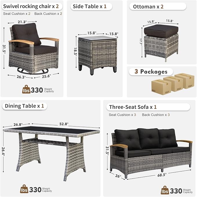 MEISSALIVVE 7 Pieces Patio Furniture Sets, PE Wicker Outdoor Conversation Sets with 2 Wood Armrests Swivel Rocker Chairs, 2 Ottomans, 3-seat Sofa and Dining Table (Black)