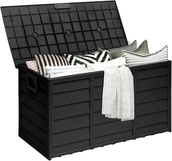 SUNCROWN 75 Gallon Deck Storage Box Resin Outdoor Storage Container with Handles for Patio Garden Yard Porch Poolside, Black