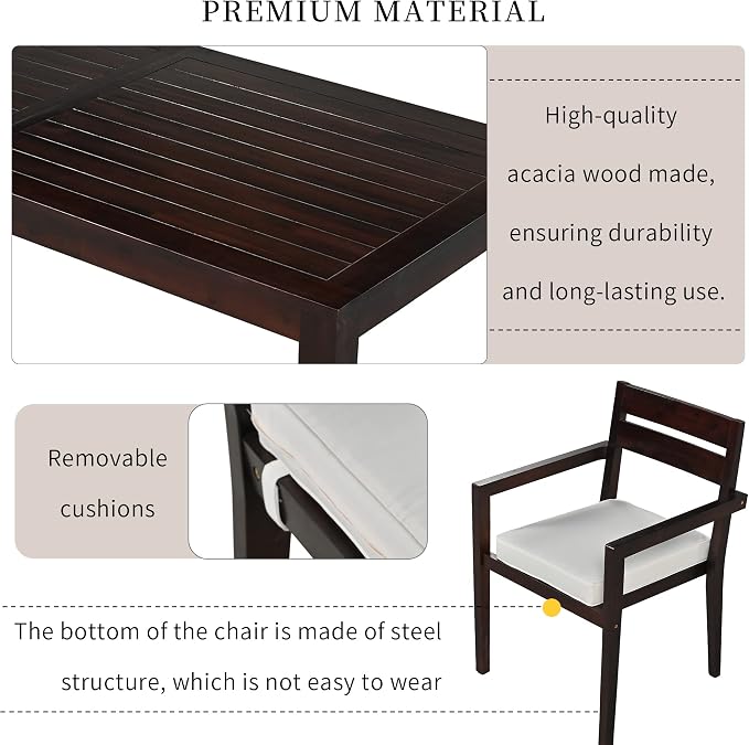 7 Piece Patio Dining Set, 70.9" Rectangular Acacia Wood Outdoor Dining Table & 6 Dining Arm Chairs with Cushion, Suitable for Outdoors and Indoors (Dark Brown@015)