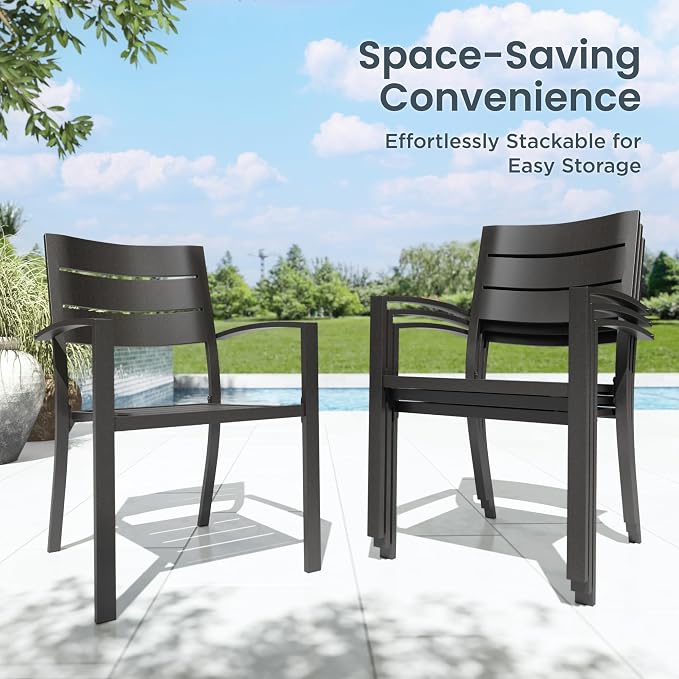 PHI VILLA, 9 Piece, Outdoor Dining Set, 83" Rectangle Metal Table, Black | 83”Black Metal Steel Table with Umbrella Hole & Stackable Iron Chairs, Large Outside Furniture Set for Deck, Yard, Porch