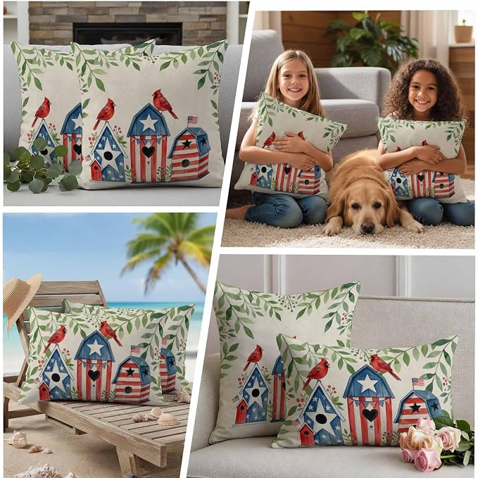 American Flag Bird House Outdoor Pillow Covers Waterproof, All Weather Cushion Case Set of 2, Green Eucalyptus Beige 250th Decorative Pillowcases for Sofa Couch Bed Decor Patio Furniture 20"x20"