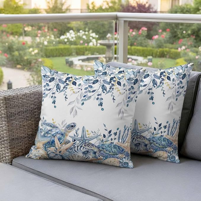 Pack of 2 Blue Turtle Coastal Outdoor Pillow Covers Decorative, Beach Coral Starfish Waterproof Pillow Protector, Nautical Sea Eucalyptus Throw Pillowcases Cushion Cases for Patio Couch Sofa 26"x26"