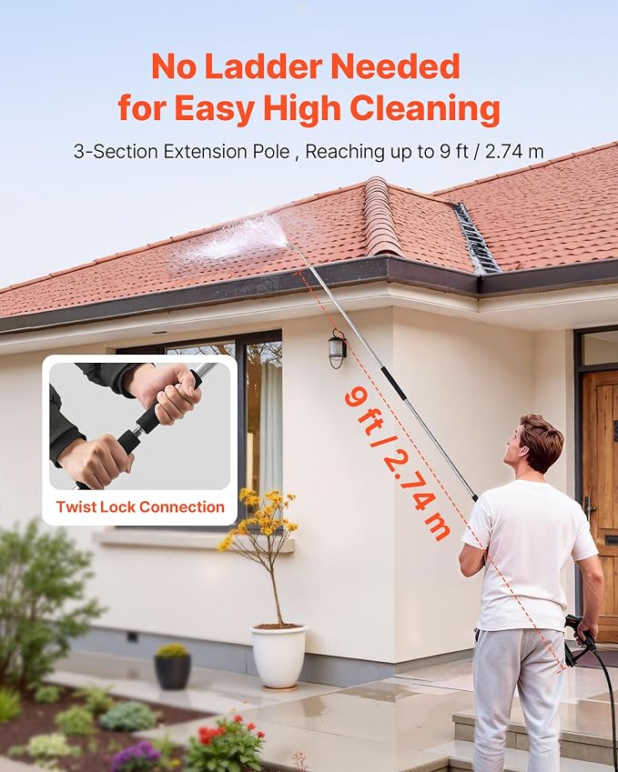 VEVOR 9 FT Pressure Washer Telescoping Wand, 3-Section with Power Washer Extension Wands, 7 Nozzles, Hose Adapter, Support Belt, Storage Bag, 4000 PSI Telescopic Gutter Cleaner for High Cleaning