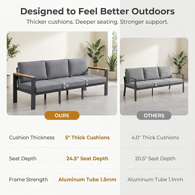 Outdoor Patio Sofa, 3-Seat Aluminum Outdoor Couch with 5-Inch Water-Resistant Cushions, Powder-Coated Frame for Porch, Deck, Backyard, Garden, Poolside, Gray