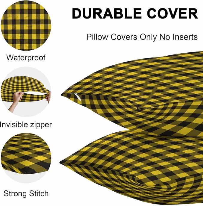 Outdoor Waterproof Throw Pillow Covers Set of 2 Yellow Buffalo Plaid Pillowcases 16x16 Inches Pastoral Black Checked Decorative Pillows Cushion Case Patio Pillows for Couch Bed Chair Garden