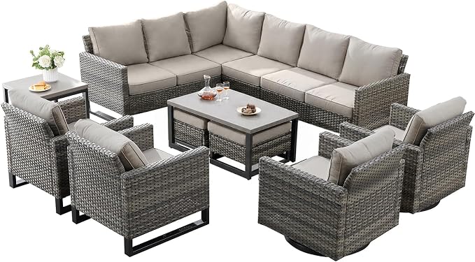 Belord Outdoor Sectional Furniture with Swivel Rocker Chair, 10 Pieces Wicker Patio Furniture Sets with Ottoman L Shaped Sofa Coffee Table Beige Cushion