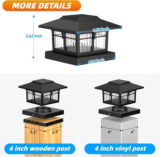 4x4 Solar Post Cap Lights, Classic Black, 2 Pack, Warm & Cool White | Fits 4x4 Wooden and Vinyl Posts,Fence Deck Post Lights,Edison-style bulb