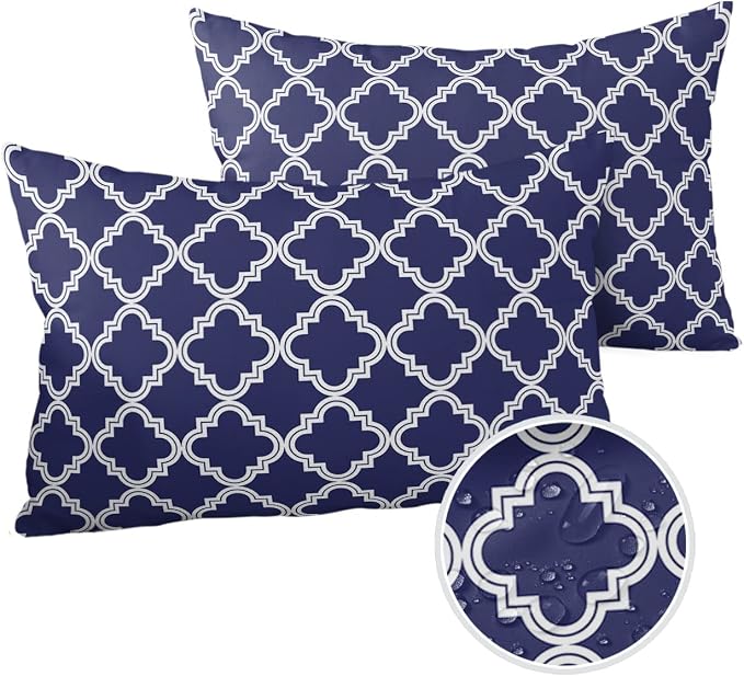 Outdoor Waterproof Pillow Covers for Patio Moroccan Pattern Decorative Throw Pillow Cover Geometric Trellis Navy Blue Pillowcases Set of 2 Cushion Case for Sofa Couch Chair Home Decor 20x12 inch