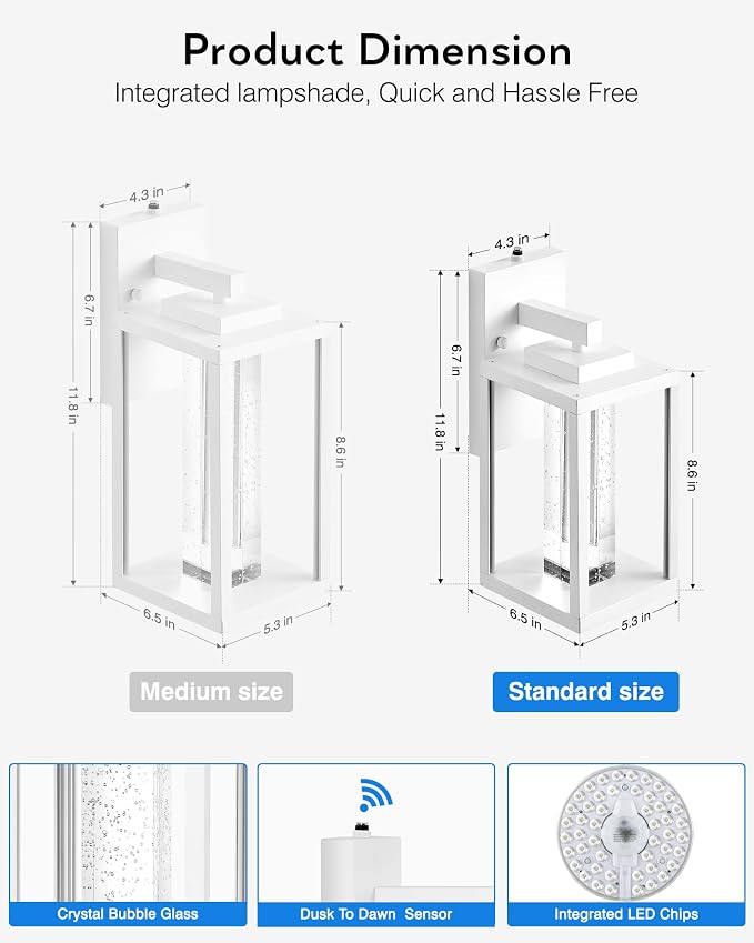 VIANIS White Exterior Lighting Fixtures Wall Mount for House, 100% Aluminum Outdoor Sconces Wall Lighting for Garage with Integrated 10W LED Light Source, Dusk to Dawn Coach Lights Outdoor Lantern