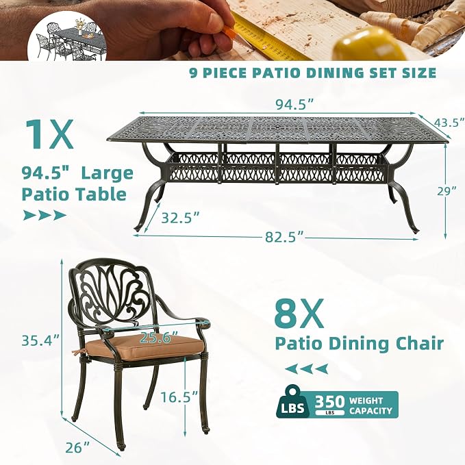 MEETWARM 9-Piece Outdoor Patio Dining Set for 8, All Weather Cast Aluminum Patio Funiture Table and Chairs Set- 94.5” Rectangular Table with 2" Umbrella Hole and 8 Cushioned Chairs for Garden, Khaki