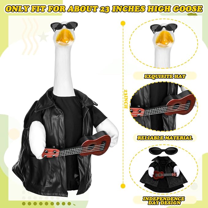 Singer Porch Goose Outfit Guitar Goose Clothes for 23" High Cement or Plastic Geese Costume for Yard Lawn Outdoor Garden Patio Statue Duck Band Musician Rock 80s 90s Hip Hop Mexican Fiesta Decor