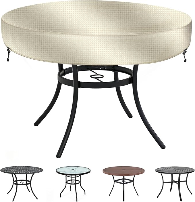TOHONFOO Outdoor Round Table Cover - Waterproof Anti-UV Round Patio Table Cover - Fits Outdoor Table Up to 58-60 Inch, Beige