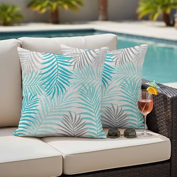 Outdoor Waterproof Throw Pillow Covers, Teal Grey Palm Leaves Decorative Pillow Cases, Summer Botanical Tropical Leaf Couch Pillow Protector Patio Sofa Cushion Covers Replacement 18"x18" 2 Pack