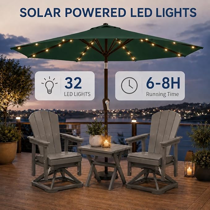 10FT Solar Patio Umbrella with Lights, Outdoor Table Market Umbrella with 32 LED Lights, 8 Sturdy Ribs, Push Button Tilt and Crank for Pool, Deck and Garden, UV-Resistant