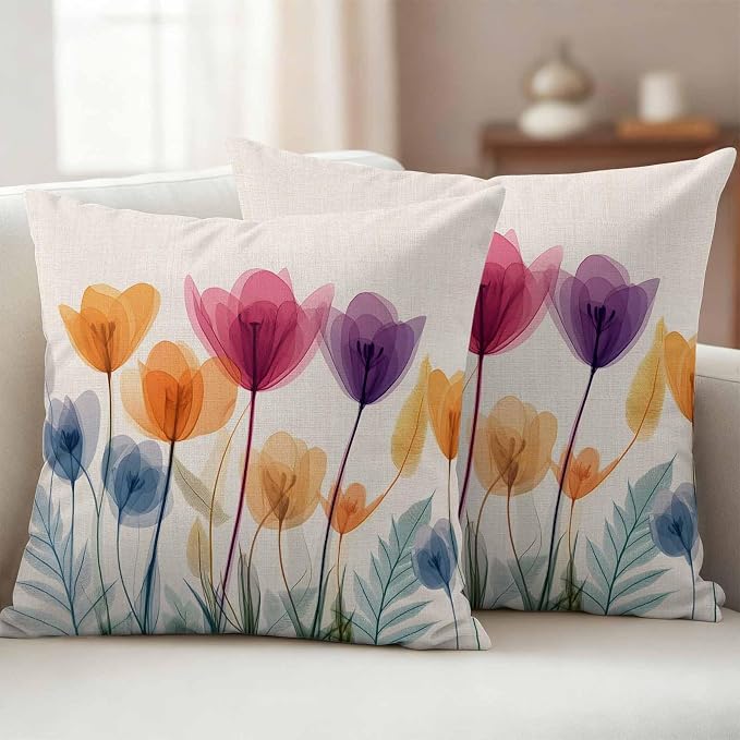 Spring Outdoor Waterproof Throw Pillow Covers Set of 2, 20"x20", Floral Cartoon Multicolor Tulips Leaf Retro Decorative Pillow Covers Outside Cushion Case for Patio Porch Garden