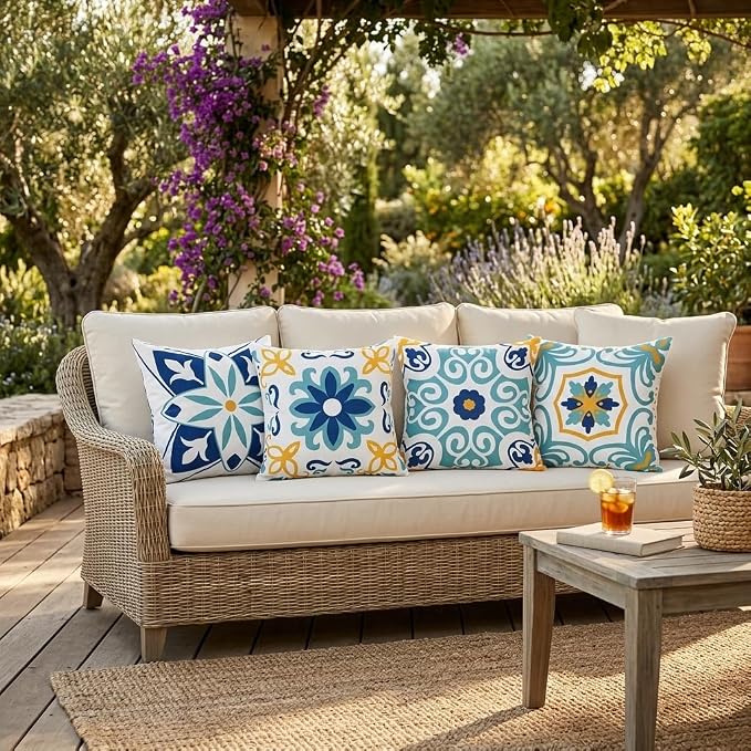 Pyonic Waterproof Outdoor Pillow Covers 22x22 Inch Set of 4 | Floral Print Boho Farmhouse Outdoor Pillows for Patio Funiture Garden,Blue
