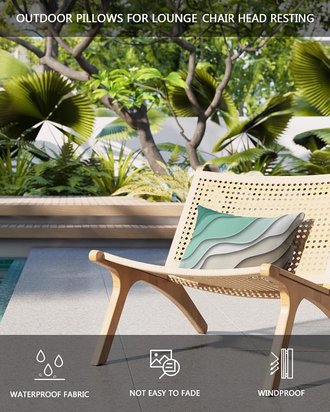 Geometric Ombre Lounge Pillows Outdoor, Aesthetic Green Brown White Gradient Abstract Head Pillows, Modern Waterproof Patio Furniture Lumbar Pillows with Adjustable Elastic Strap for Recliner Beach