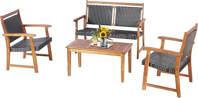 Tangkula 4 Pieces Patio Rattan Conversation Set with Acacia Wood Frame, Patiojoy Outdoor Furniture Set with Chairs & Coffee Table, Sectional Furniture Set for Garden, Backyard, Poolside