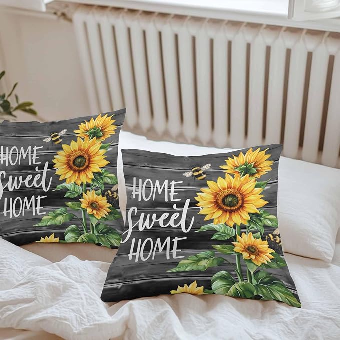 Throw Pillow Covers 16x16 Inch Set of 2, Spring Sunflowers Waterproof Outdoor Pillow Covers, Black Wooden Grain Country Farm Decorative Cushion Pillowcases for Couch, Sofa, Bed, Garden, Patio