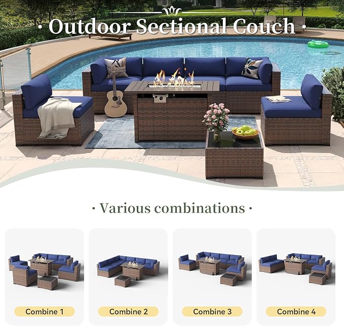 Aoxun 8-Piece Outdoor Patio Furniture Set - 44” Fire Pit Table, Durable Wicker Rattan Sectional Sofa with Coffee Table, Comfy Thickened Cushions, Blue