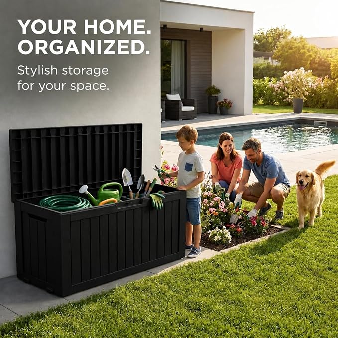 LAUSAINT HOME 260 Gallon Resin Deck Box, Outdoor Toy Storage Box, Package Delivery Box with Lockable Lid, Waterproof Outdoor Storage Box For Garden Tools, Patio Cushions(260 Gallon,Black)