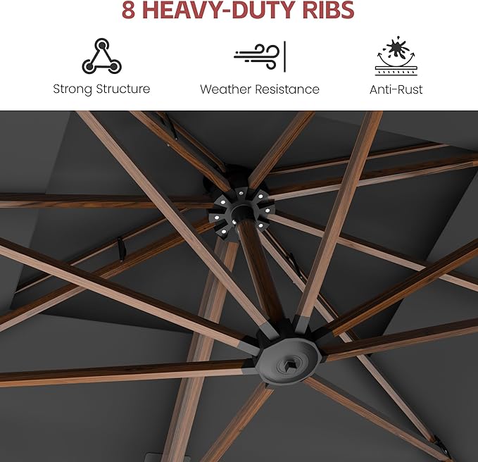 GENTEACO 10x13FT Wood Pattern Cantilever Patio Umbrella, Double Top Rectangle Offset Umbrella 7 Angle Tilts & 360° Rotation, Large Heavy Duty Outdoor Sun Umbrella for Pool Market, Grey